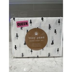KITTY CATS Queen Size Soft Sheet Set Tiny Paws White / Black Deep Pocket Sheets